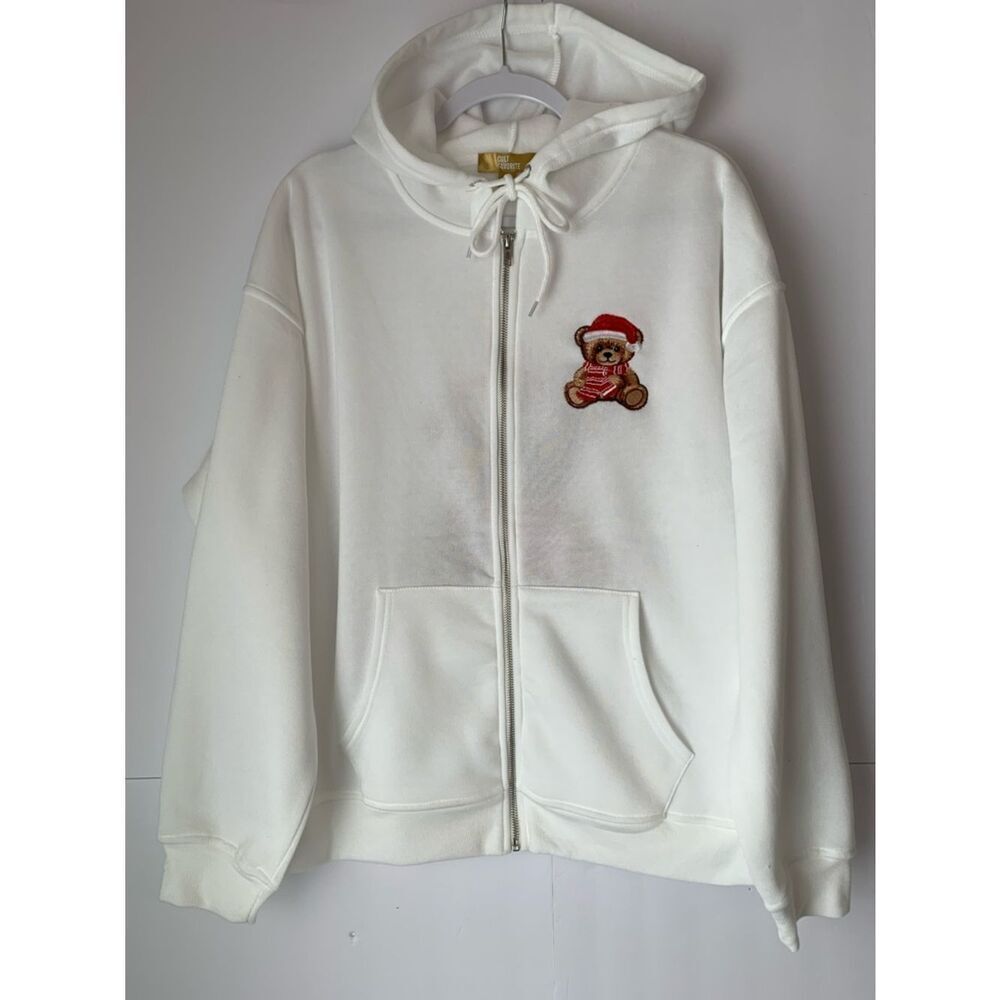 NWT Cult Favorite White Zip-Up Hoodie with Teddy Patch Size L